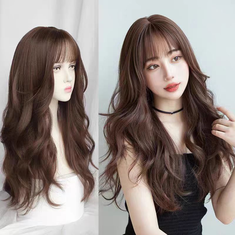 Cross-Border New Japanese and Korean Air Bangs Long Curly Hair Big Wave Wig High Temperature Silk Simulation Wig Full Headgear Ready for Sale