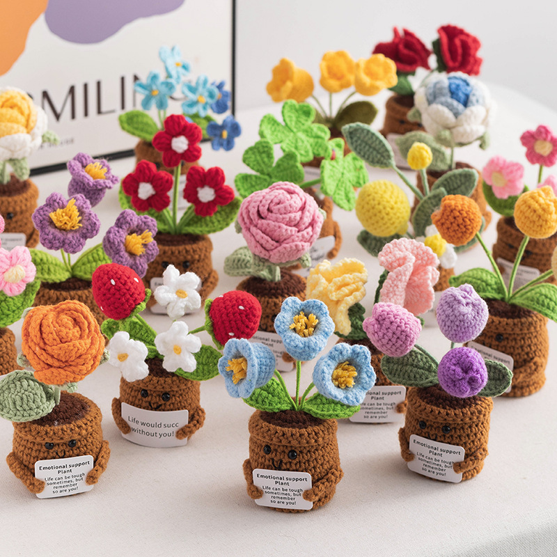 Cross-Border Plant Doll Positive Card Encouragement Doll Desktop Ornaments Potted Bouquet Finished Wool Knitted Potted Plants
