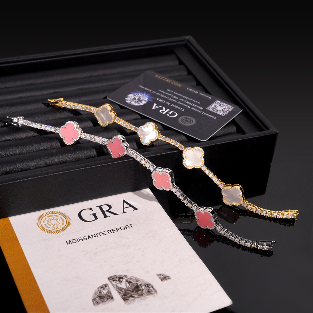 New S925 Silver Moissanite Bracelet European and American Hip-Hop 3mm Clover High-End Tennis Chain Jewelry