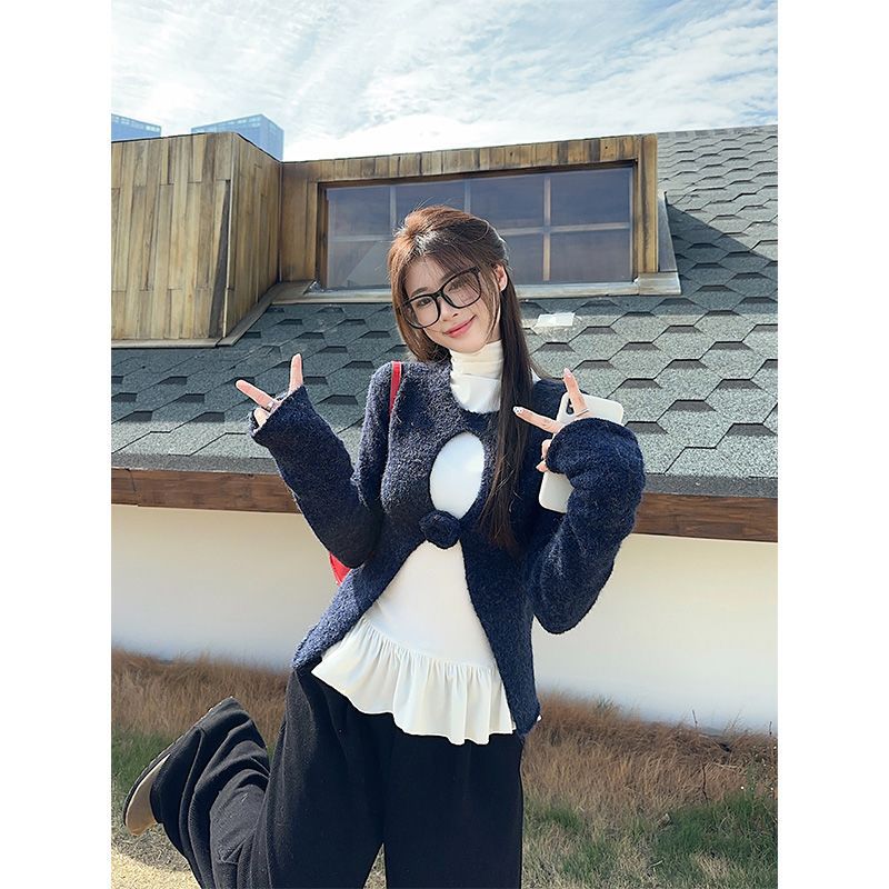 Korean Style Preppy Style Cut Out Long-Sleeved Knitwear Women's Winter Suit Layered High-Neck T-Shirt Bottoming Shirt Two-Piece Trendy Set