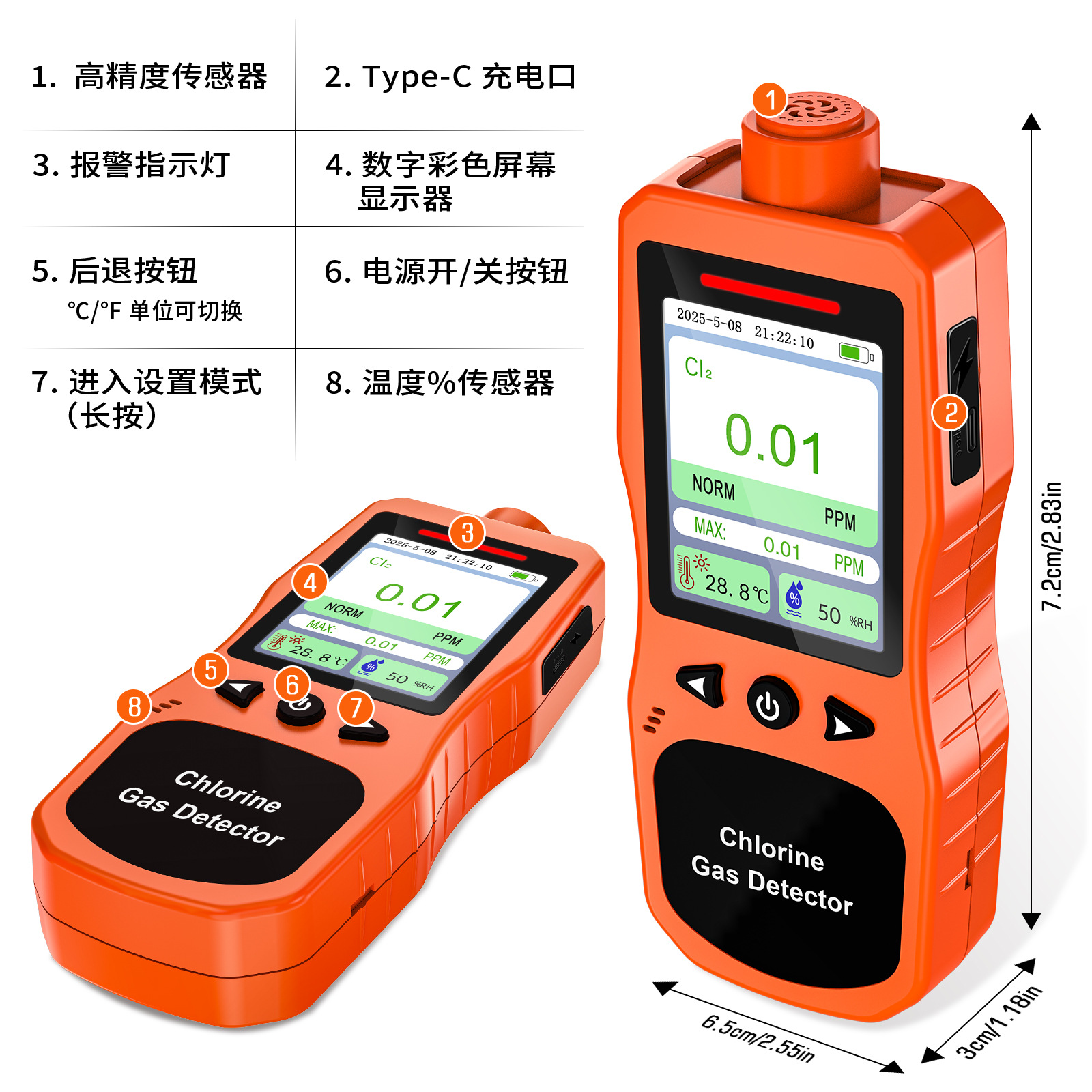 Звуковой и световой сигнализатор хлора Cl2, портативный детектор утечек газа