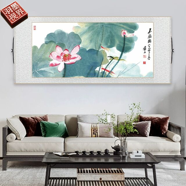 Famous Fresh Lotus Painting Chinese Painting Chinese Style Living Room Decoration Scroll Hanging Painting Office Study Tea Room Mural