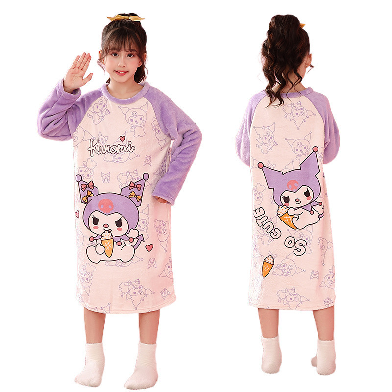 2024 autumn and winter new girls flannel nightgown girls pajamas winter children's home clothes fleece-lined cartoon nightgown