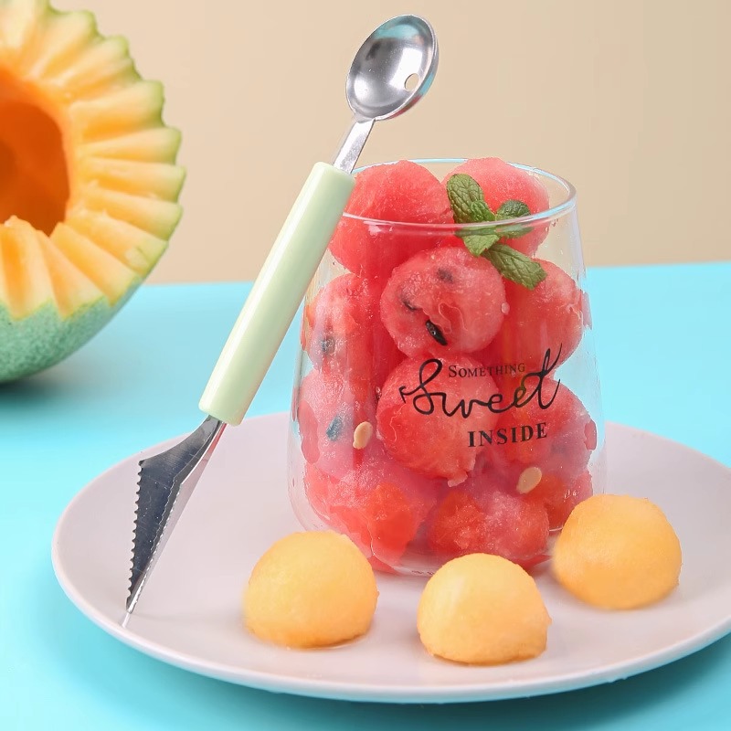Kitchen Double-head Watermelon Dig Ball Spoon Household Cut Watermelon Stainless Steel Fruit Diggger Ice Cream Split Carved Round Spoon