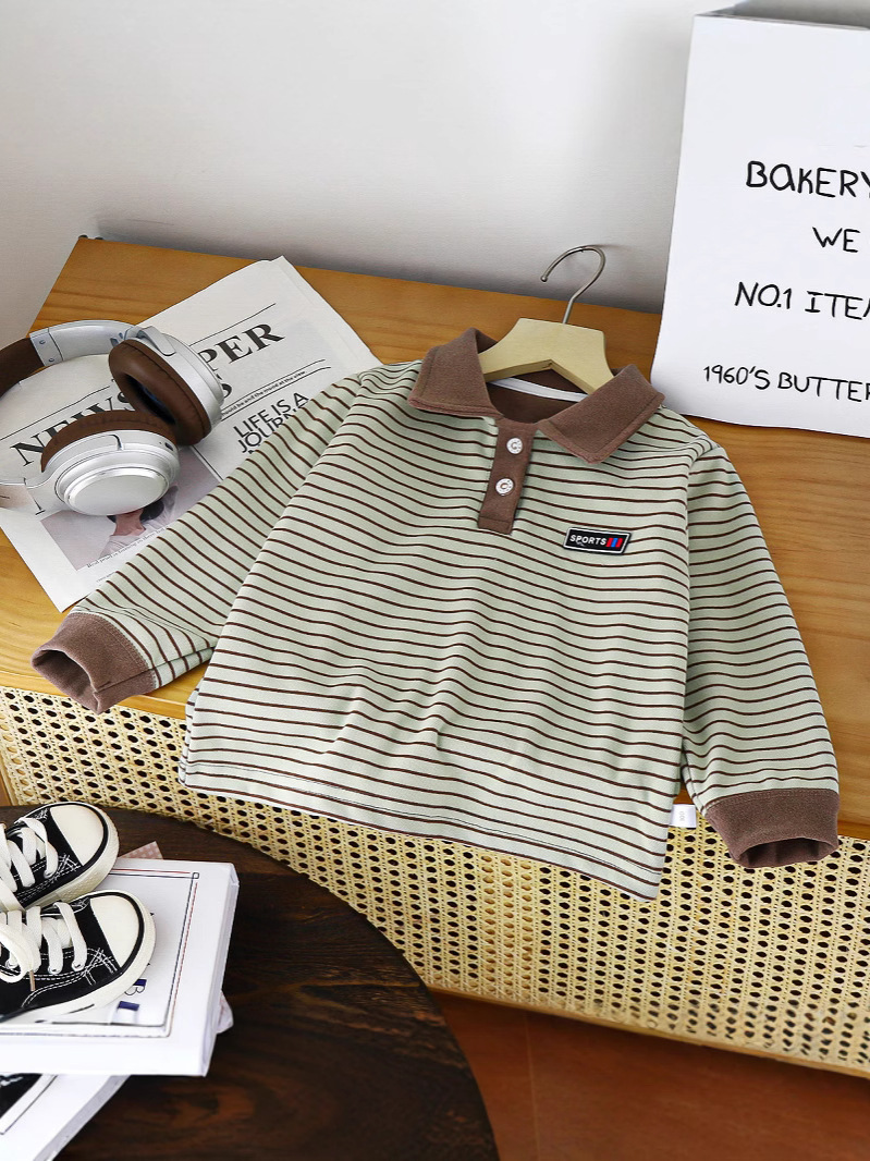 2025 Spring and Autumn Children's Base Shirt Boy's Velvet Polo Shirt New Striped Top Loose All-match Turtleneck Shirt