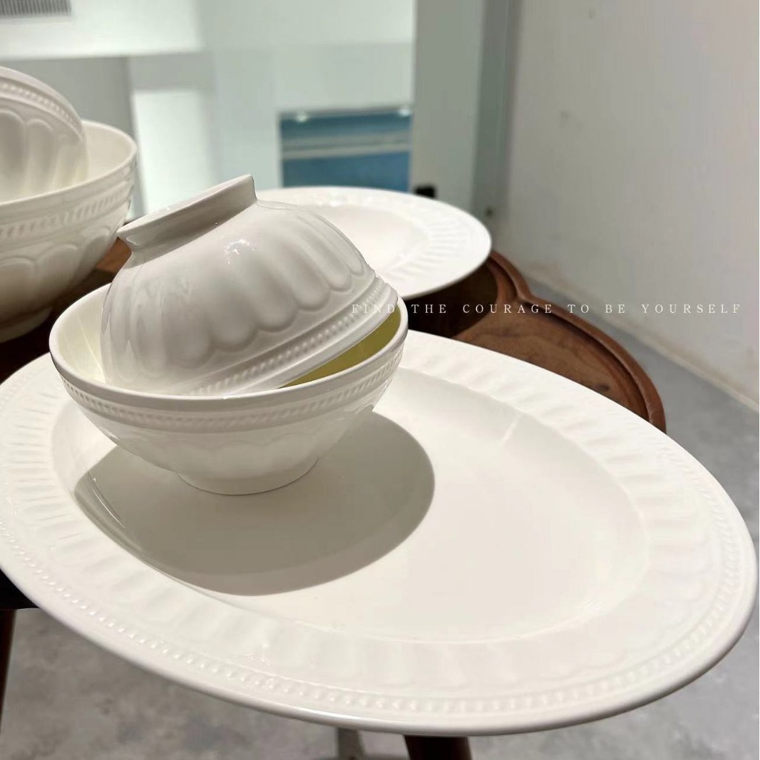 Light Luxury Roman Bone China Ceramic Tableware Pure White Household Dishes and Plays European-style High-end Free Matching Tableware