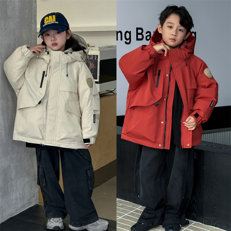 Зимняя рабочая куртка для детей 2025 года, уличная парка, 90% белый утиный пух, куртка с капюшоном для мальчиков и девочек с наполнителем