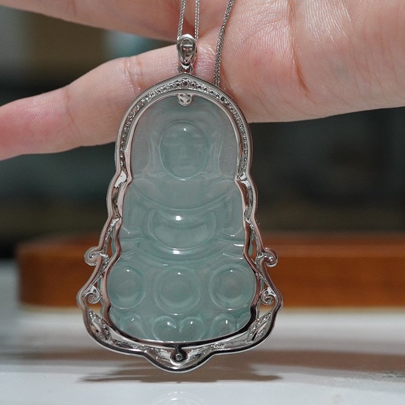 Platinum Pt950 Cultivated Diamond Jade Guanyin Inlaid Full Diamond Pendant