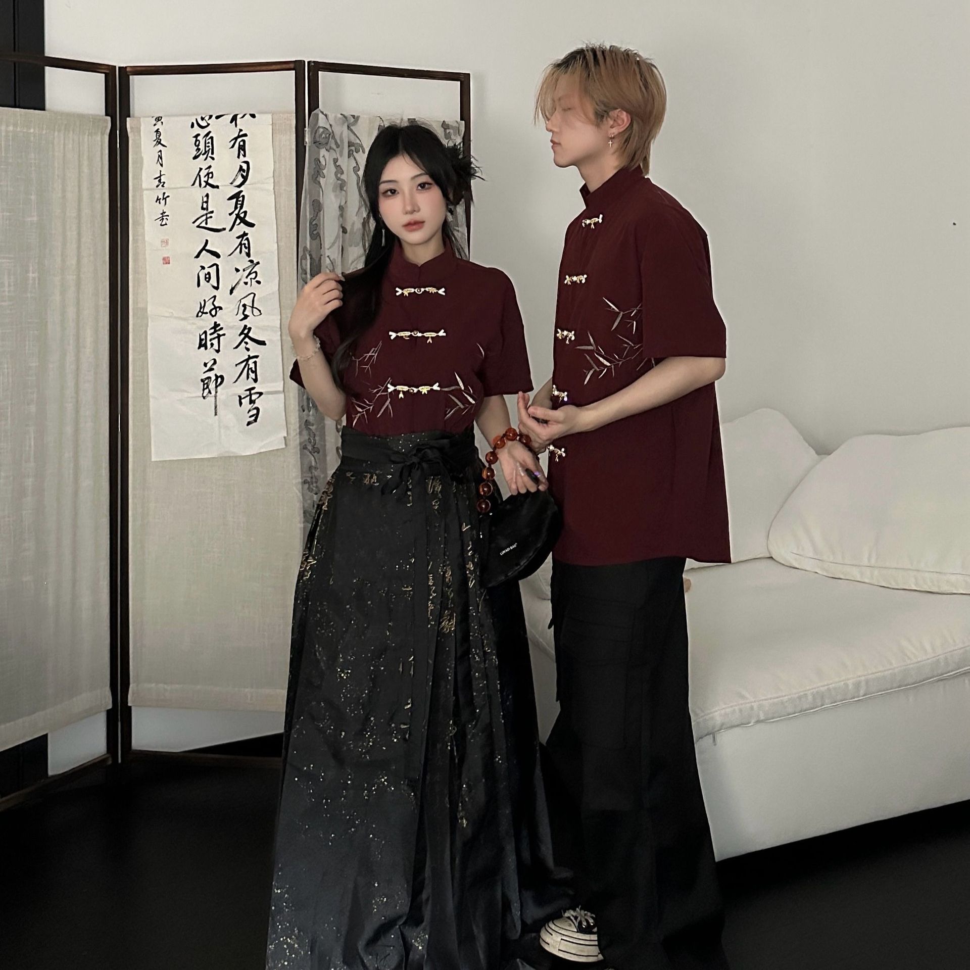 New Chinese Style Couple Outfit 2025 Summer Embroidered Bamboo Leaf Disc Button Short-Sleeved Shirt Chinese Style Horse Face Skirt Two-Piece Class Uniform
