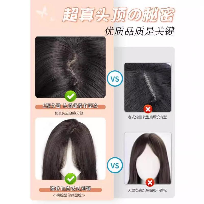 Wig Women's Long Hair Fake Hair Full Human Hair Eight-character Bangs Long Curly Hair with Big Wave Wig Full Head Cover Women