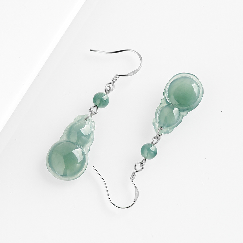High-grade natural A goods jade blue water gourd earrings S925 silver ice jade stone fashion women's earrings earrings