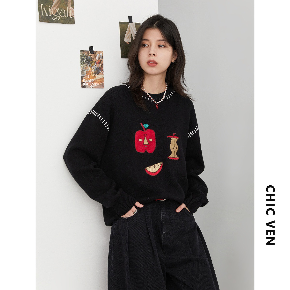 Chicven "Retroism" Winter Loose Cotton Round Neck Apple Embroidered Sweater Warm and Comfortable Top
