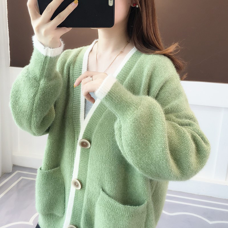 Chenille Soft and Waxy Versatile Sweater Women's Outwear Spring and Autum New Loose Slimming Look Color-Blocked Imitation Mink Velvet Knitted Cardigan