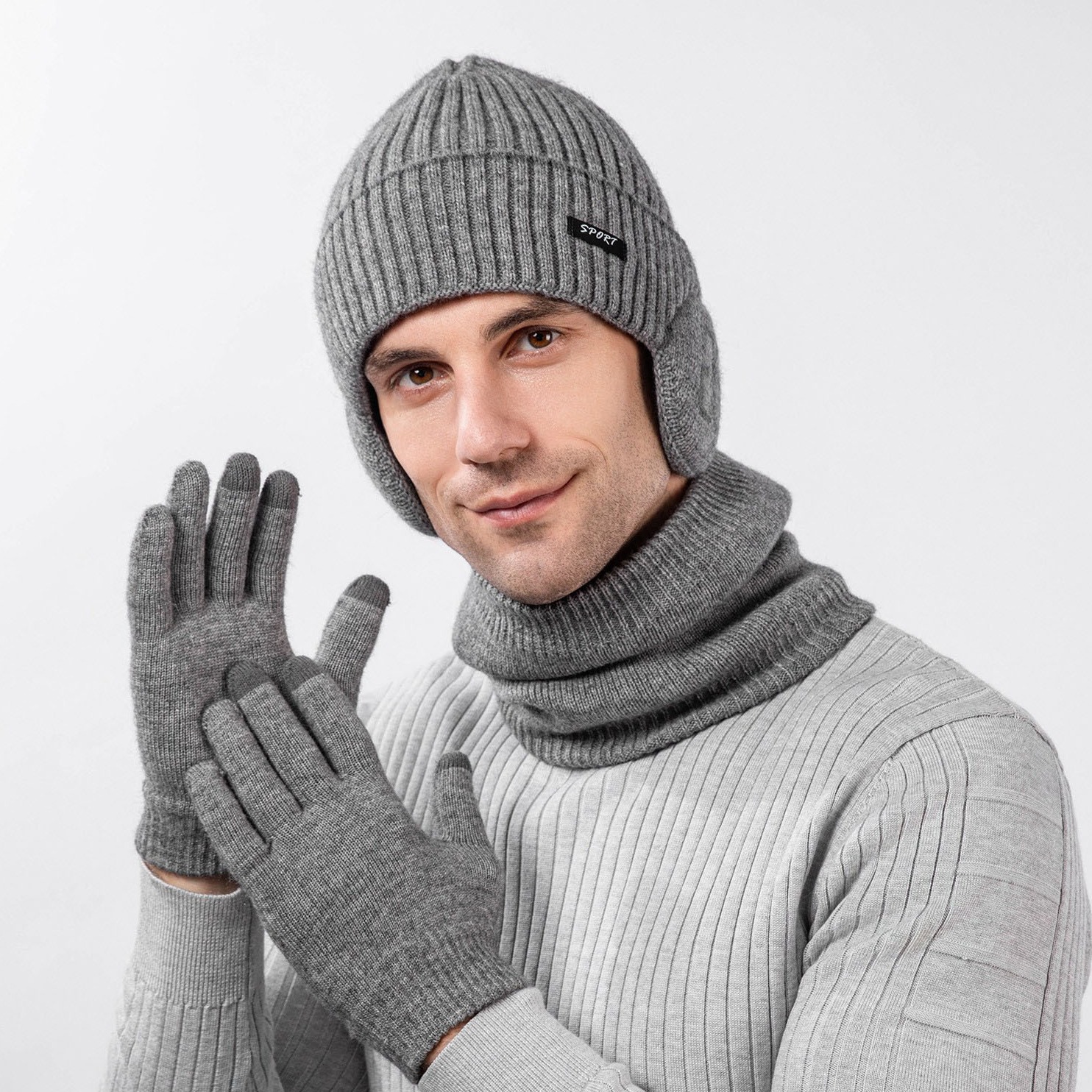 Cross-border European and American Fashion Ear Protection Knitted Wool Hat Outdoor Riding Warm Hat Scarf Gloves Three-piece Set for Men