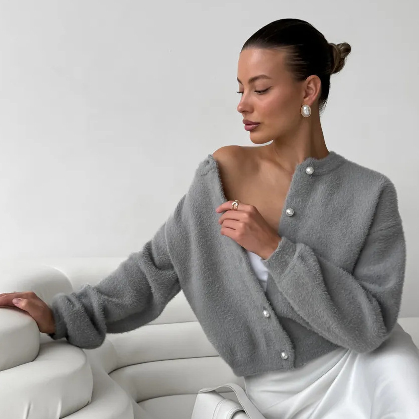 Cross-Border Gray Small Fragrant Style Knitted Cardigan for Women Spring and Autumn New High-End Top Soft Waxy Imitation Mink Sweater Jacket