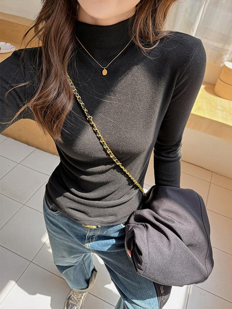 Imitation Cashmere Autumn and Winter Half Turtleneck Right Shoulder Long-Sleeved T-Shirt for Women with Mid-Collar Bottoming Shirt, Versatile and Wearable Top