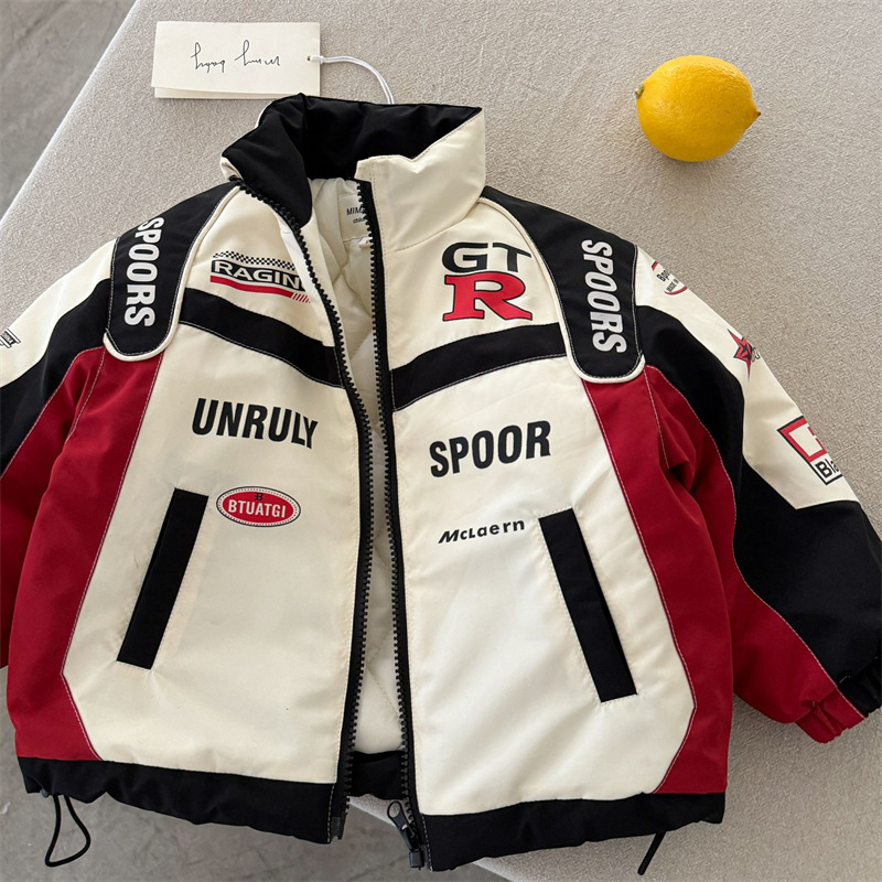 Детская верхняя одежда 2025, зимний новый продукт для мальчиков и девочек, персонализированная печатная хлопковая куртка, контрастная куртка с воротником