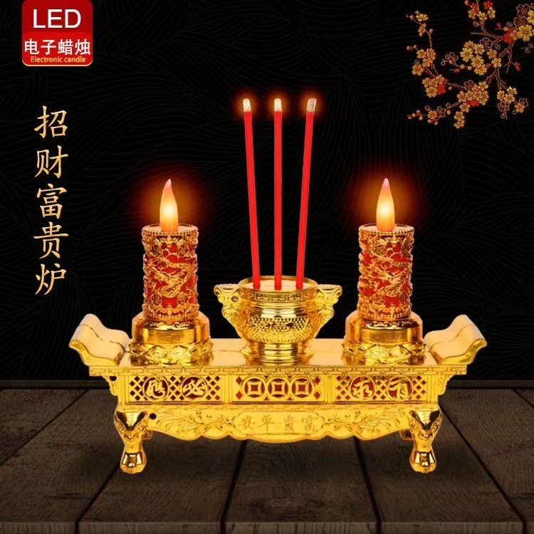 Wholesale) LED electronic censer fortune furnace electric incense double dragon candlestick for Buddha god of wealth swing flame simulation candle