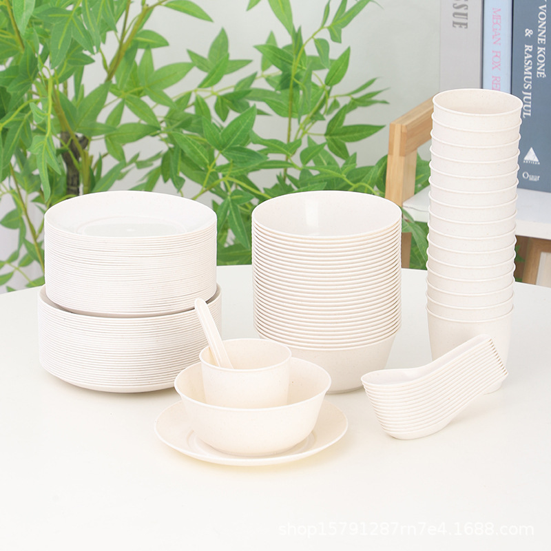 Rice Husk Eco-Friendly Tableware Four-Piece Set Disposable Household Thickened Anti-Fall Wedding Banquet Picnic Barbecue Food Grade