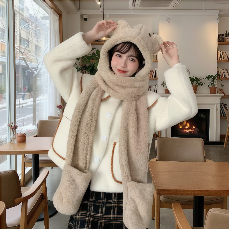 Plush Hat for Women in Autumn and Winter, Windproof, Fleece-Lined, Thickened, Warm for Cycling, Cute Bear Scarf, Gloves, Three-Piece Set, Integrated Hat