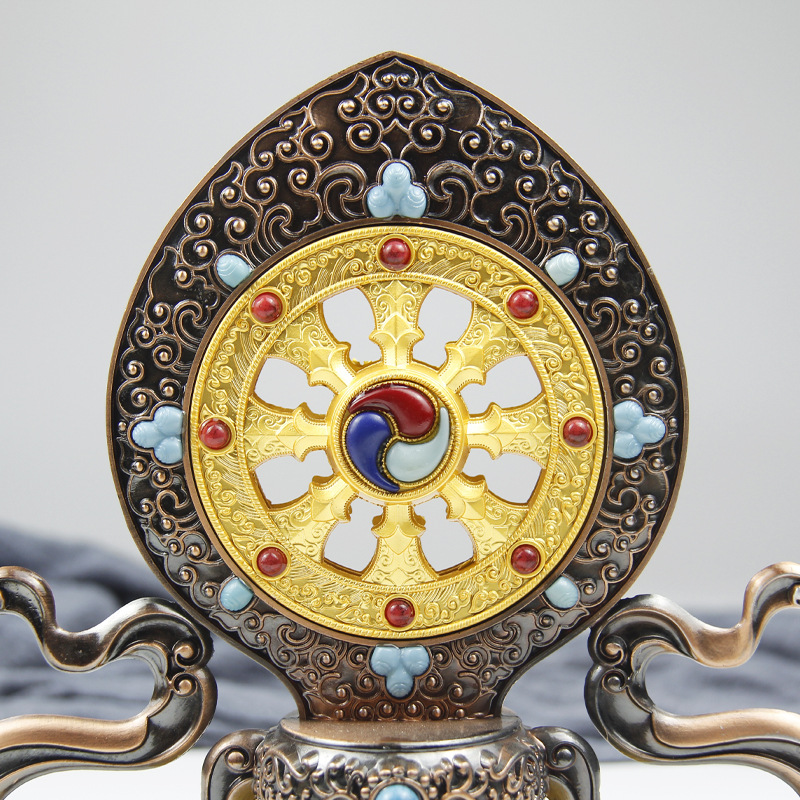 Alloy Auspicious Dharma Wheel Ornament Xizang-Style Home Decoration for Offering before Buddha, Esoteric Xizang Tradition
