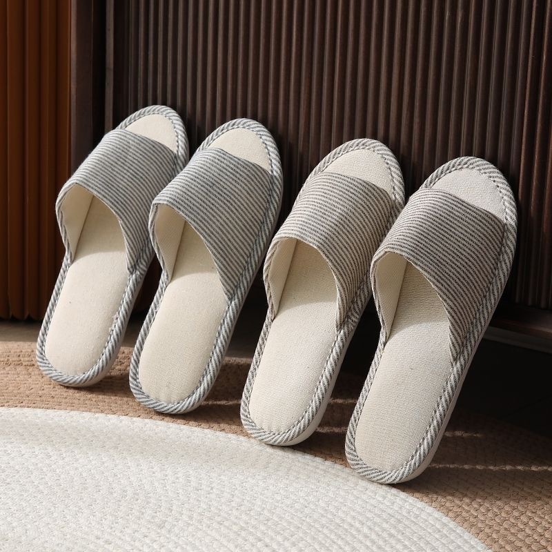 Four Seasons Linen Pinstripe Slippers Women's Home Indoor Floor Non-Slip Men's Pvc Home Couple Pastoral Manufacturer