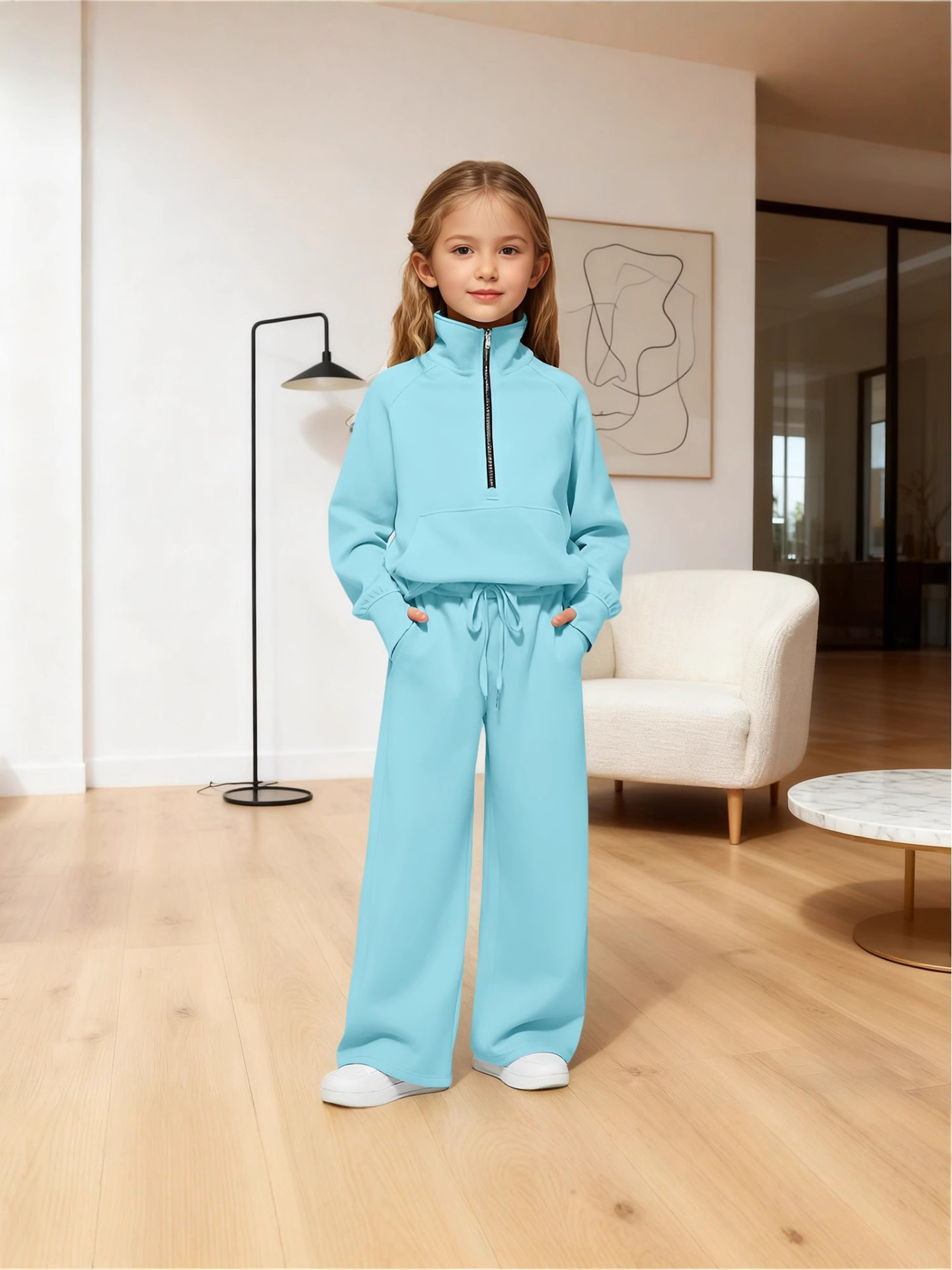 2025 European and American Amazon European and American Two-Piece Half-Zip Sweatshirt Wide-Leg Sweatpants Casual Children's Suit