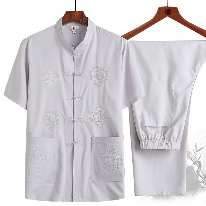 Tang Suit Male Dad Summer Short-sleeved suit Middle-aged and Elderly Men's Grandpa Chinese-style Buckle Hanfu Men's plus size Shirt