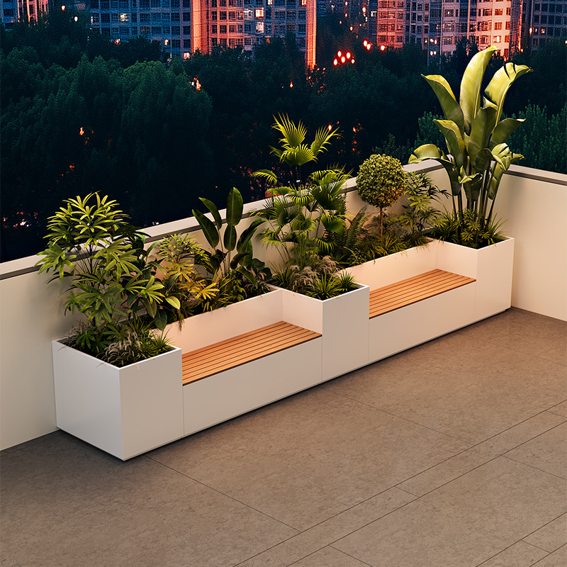 Outdoor Balcony Terrace Stainless Steel Galvanized Plate Flower Box Sitting Stool Solar Luminous Leisure Seat Rectangular Flower Box