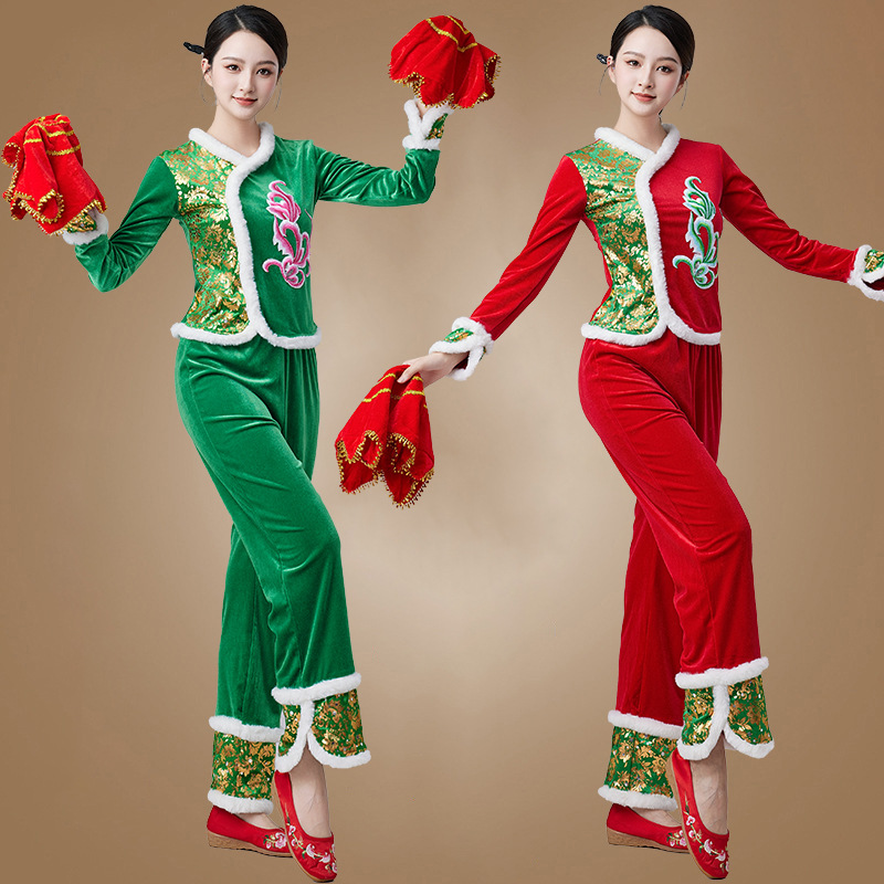 Square Dance Clothing New Set Gold Autumn and Winter Velvet Thickeneded Long-Sleeved Tops Long Pants Team Dance Clothing 2418