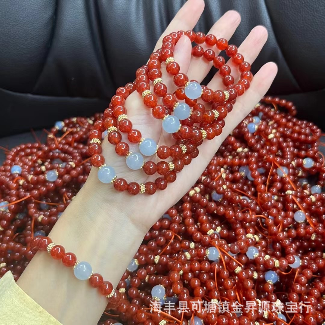 Natural Red Agate Bracelet Southern Red Bracelet with Aquamarus Female Niche Summer Fashion Birthday Gift Same Style
