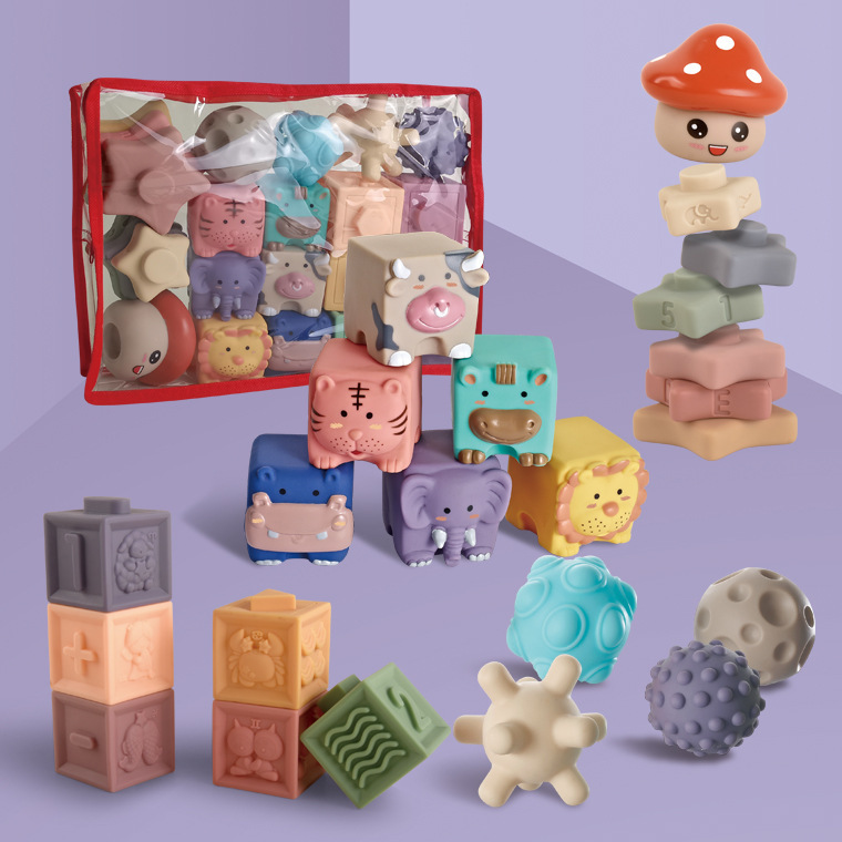 Cross-border Amazon Hot Selling Baby Soft Rubber Building Blocks Toys Stackle Handball Set Cartoon Animal Toys