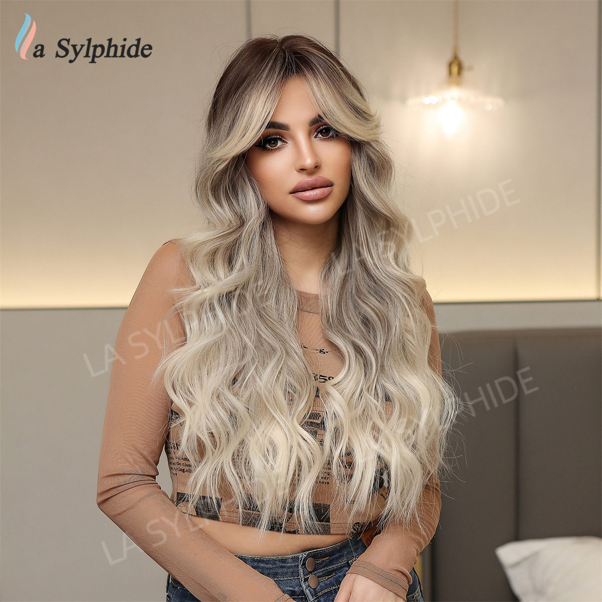European and American full head cover wig long curly hair eight-character bangs natural gold brown gradient gray female wig high temperature silk rose net