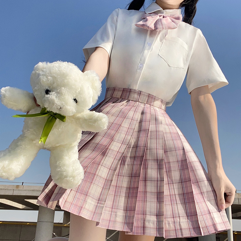 jk uniform skirt autumn basic full set of plaid skirt shirt short sleeve bow tie set full set of Japanese college style