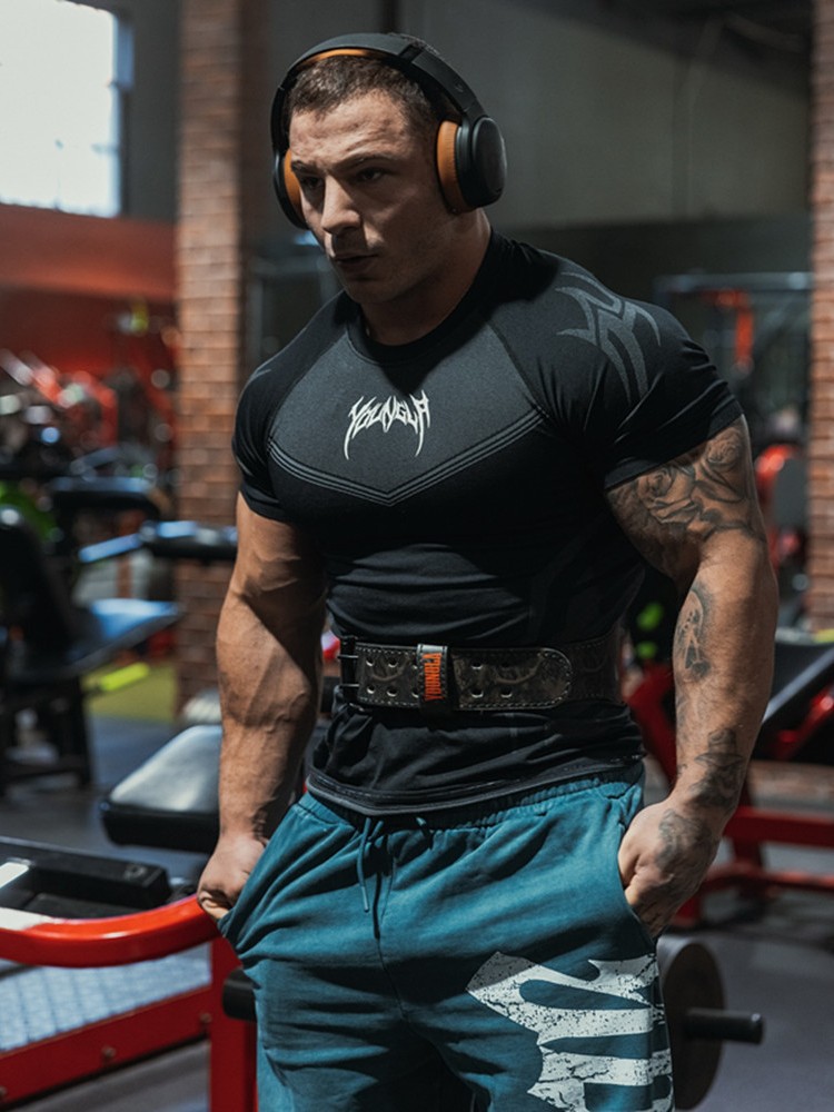 Youngal European and American New Fitness Clothing Coach Sports T-Shirt Bodysuit Men's High Elastic Training Clothing Fitness Clothing Short Sleeves