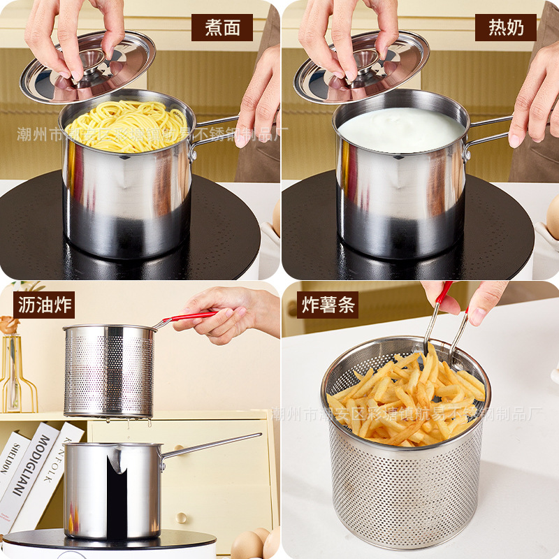 Stainless Steel Frying Pan Multifunctional Pot with Frying Basket for Home and Commercial Use, Suitable for Frying French Fries and Chicken Nuggets, Mini Pot with Oil Filter Rack