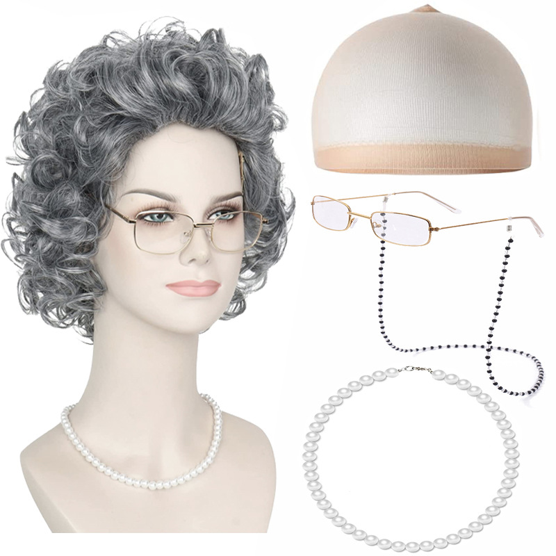 Halloween Old Lady Short Curly Hair Grandpa Grandma Costume Mom Grandma Wig with Side Bangs