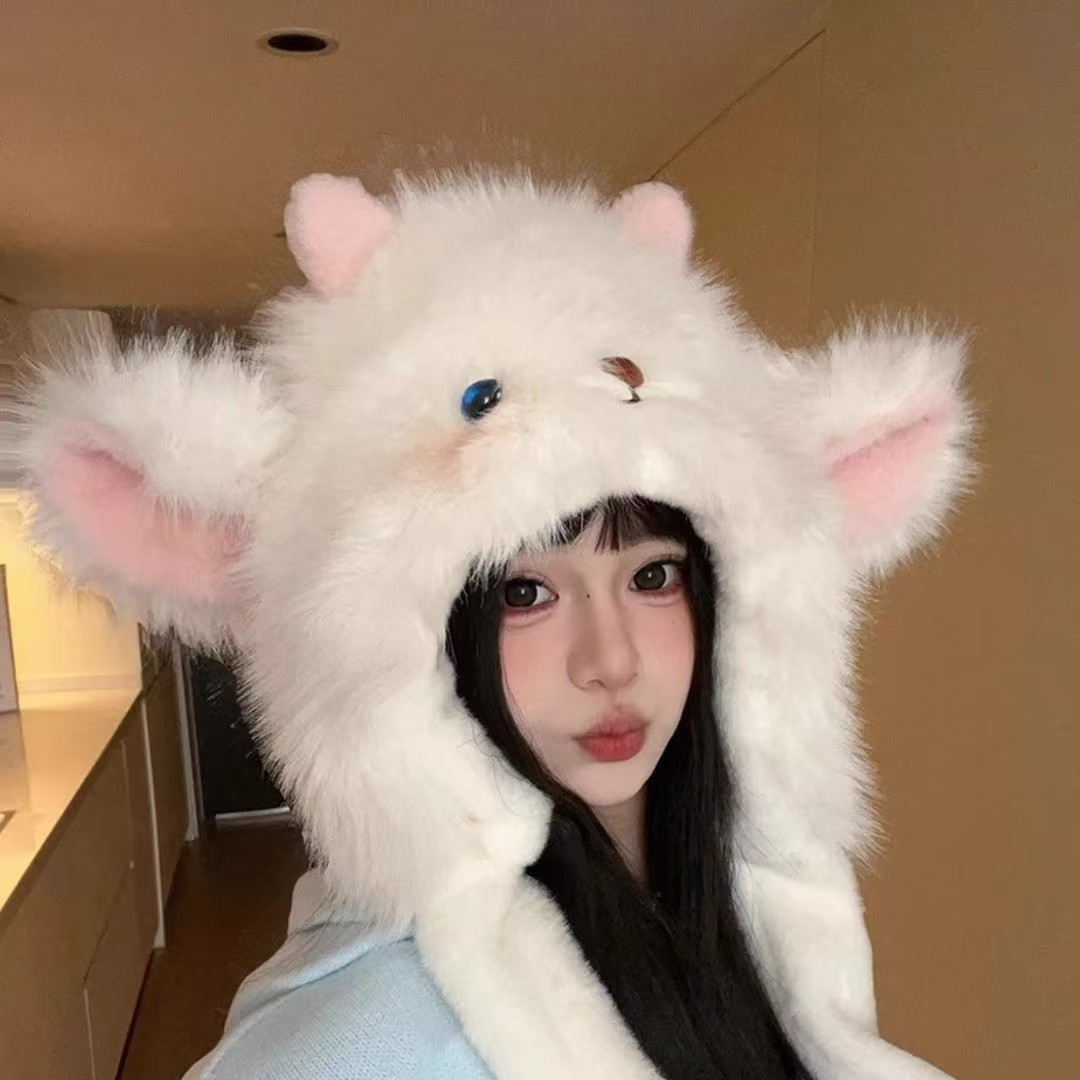 Новая зимняя шапка, утолщенная теплая шапка с медвежьим дизайном, шарф в одном комплекте, модная и милая плюшевая шапка для защиты шеи