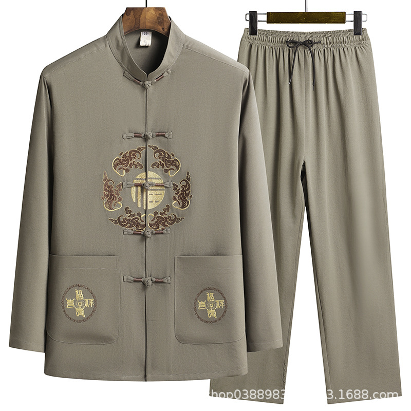 Long-sleeved Tang Suit Men's Spring and Autumn Men's Long-sleeved Shirt Middle-aged Grandpa's Tang Suit suit Hanfu Morning Exercise suit Men's