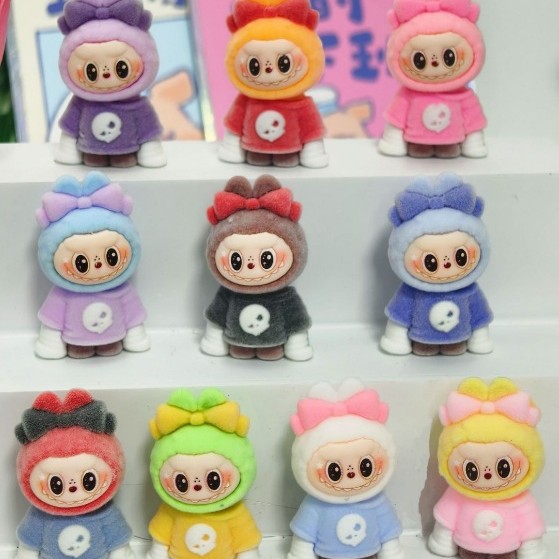 Popular Cute Trendy Macaron Color Flocked Labubu Ornaments Pvc Jewelry Accessories Mini Doll Small Ornaments