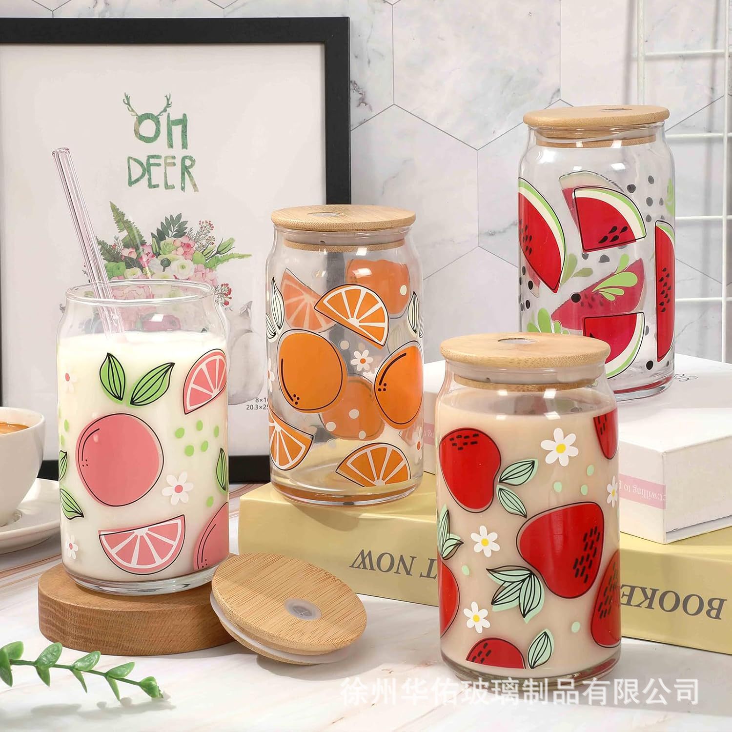 Cross-Border 16oz Halloween Drink Cup Coke Cup Bamboo Lid High Borosilicate Glass Straw Cup Juice Cup