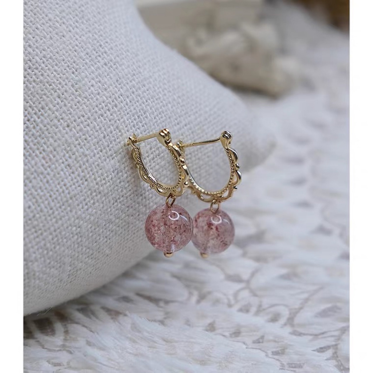 Natural Strawberry Crystal Earrings Lace Ear Buckle 925 Silver Needle Sweet Girl Earrings Lady Elegant Elegant Earrings