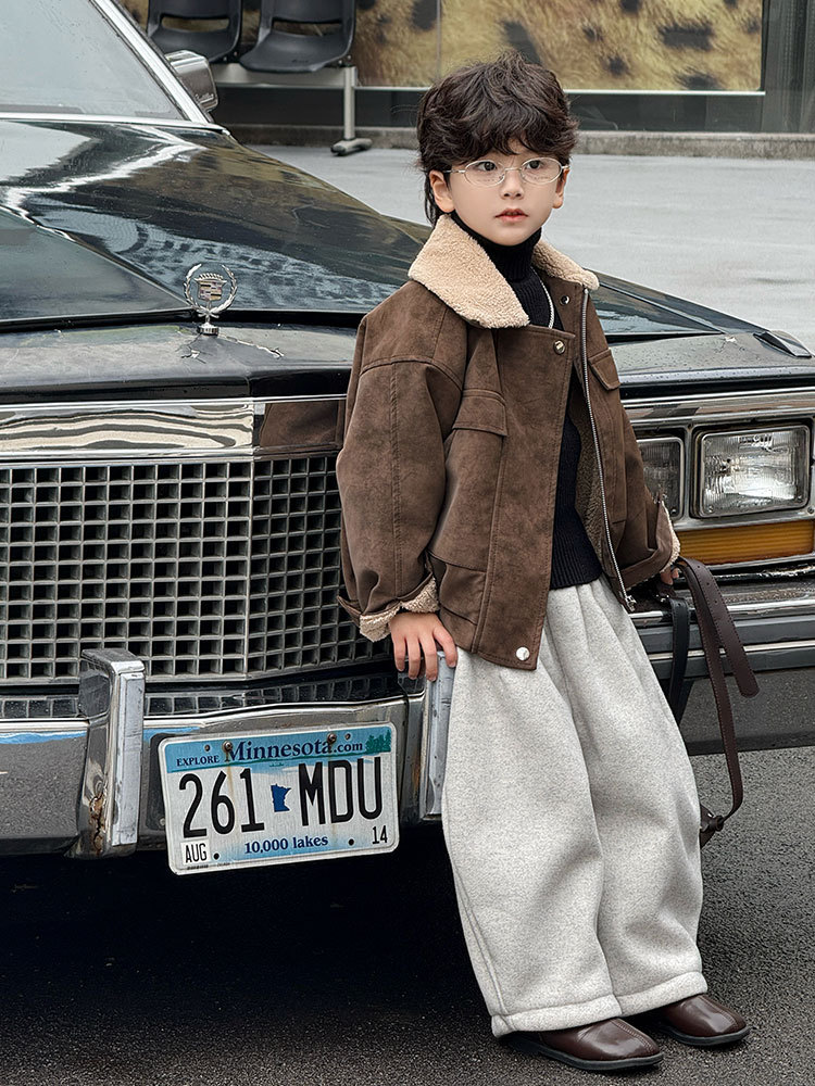 Boys' Fur Collar Jacket 2025 Autumn and Winter New Style Fleece-Lined Thickened Children's Leather Jacket Stylish Trendy One-Piece Wholesale
