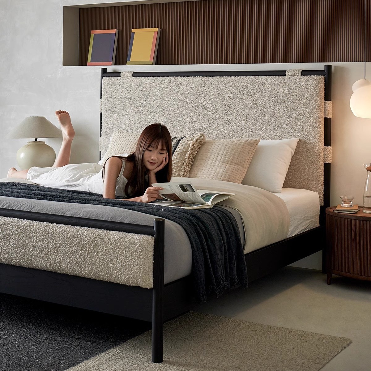 Северная снежная кровать из массива дерева, французская простая 1.8 м дубовая двойная кровать с высоким изголовьем