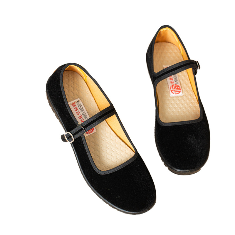 New Style Old Beijing Women's Cloth Shoes with Polyurethane Soft Sole, Black First Generation Flat Buckle Cloth Shoes for Hotel and Bank Workplace Women