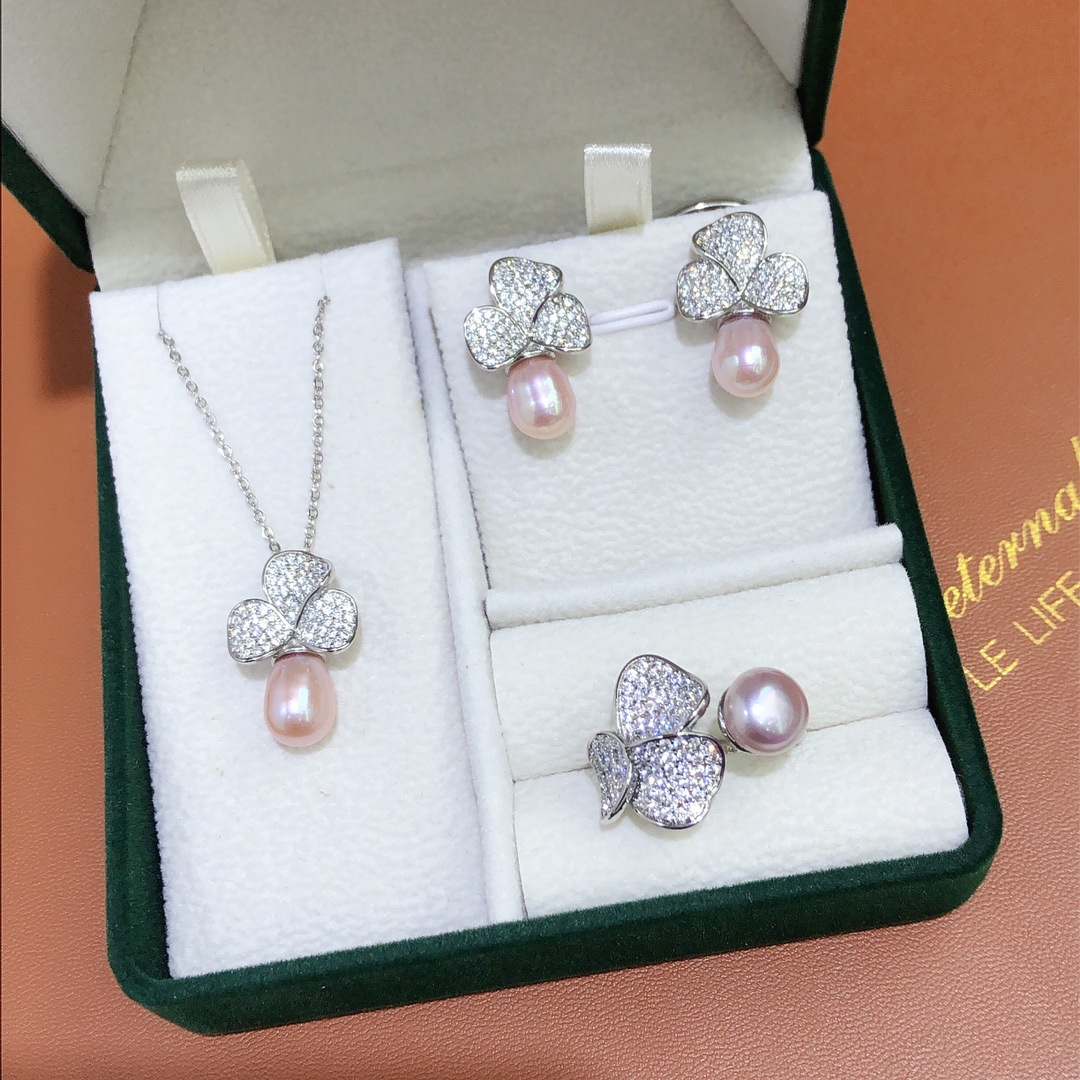 Freshwater pearl inlay set wholesale all-match jewelry fashion pendant earrings ring three-piece set tide wholesale goods