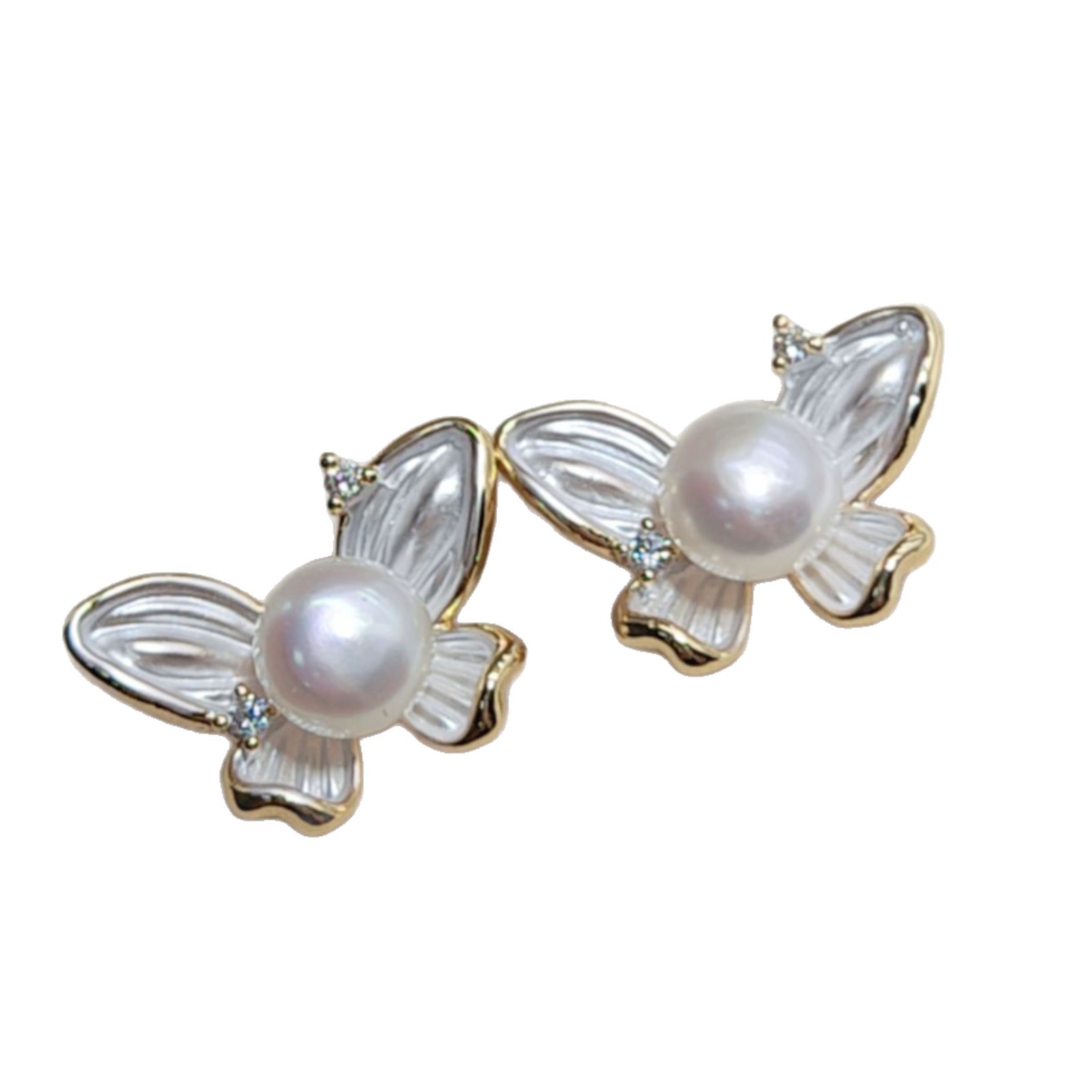 Natural Freshwater Pearl Earrings for Women, European and American Style, High-End, Delicate, Single Zirconium Butterfly Pearl Earrings, Necklace and Ring