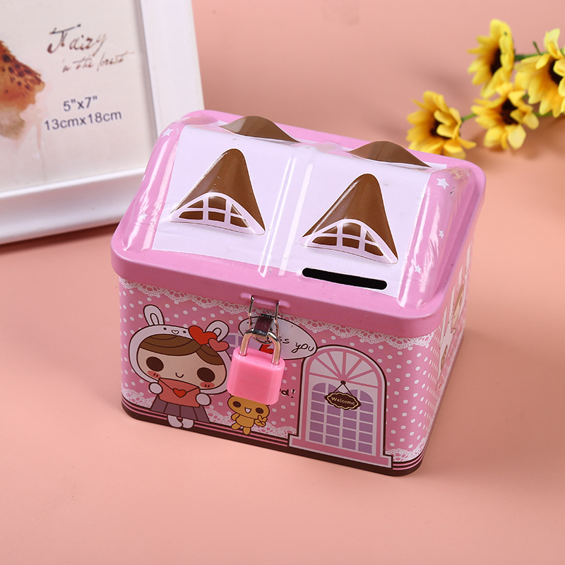 Korean style cartoon creative house piggy bank tinplate with lock piggy bank children's large capacity toy storage box