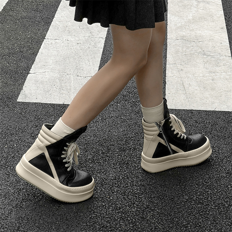 2024 New Inverted Triangle Thick-Soled Sneakers for Men, Autumn and Winter Black and White Fashionable Genuine Leather Dark High Street Couple Trendy Shoes