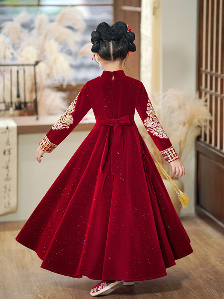 Little Girl's Ancient Style New Year's Greetings Dress, Girl's Winter Sequin Embroidered Dress, Kidsren's Chinese Style Tang Suit Han